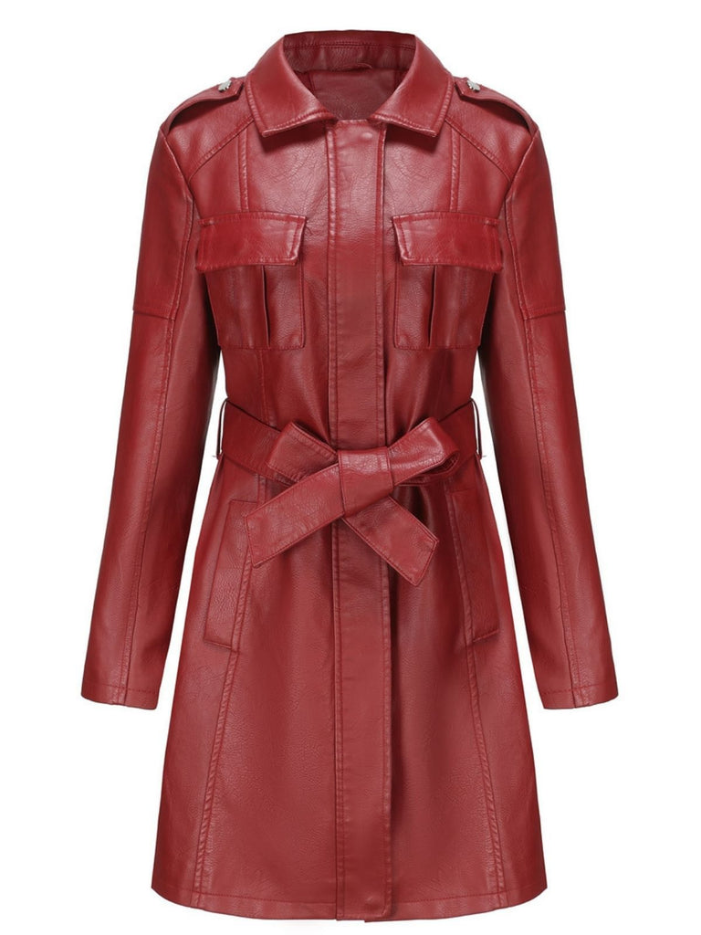 ジャケット・アウター TornadoMart Red Leather Belted Long Coat 1960s Lapel Belted Long Leather Jacket | Retro Stage