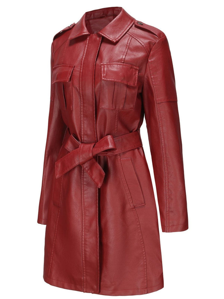 ジャケット・アウター TornadoMart Red Leather Belted Long Coat 1960s Lapel Belted Long Leather Jacket | Retro Stage