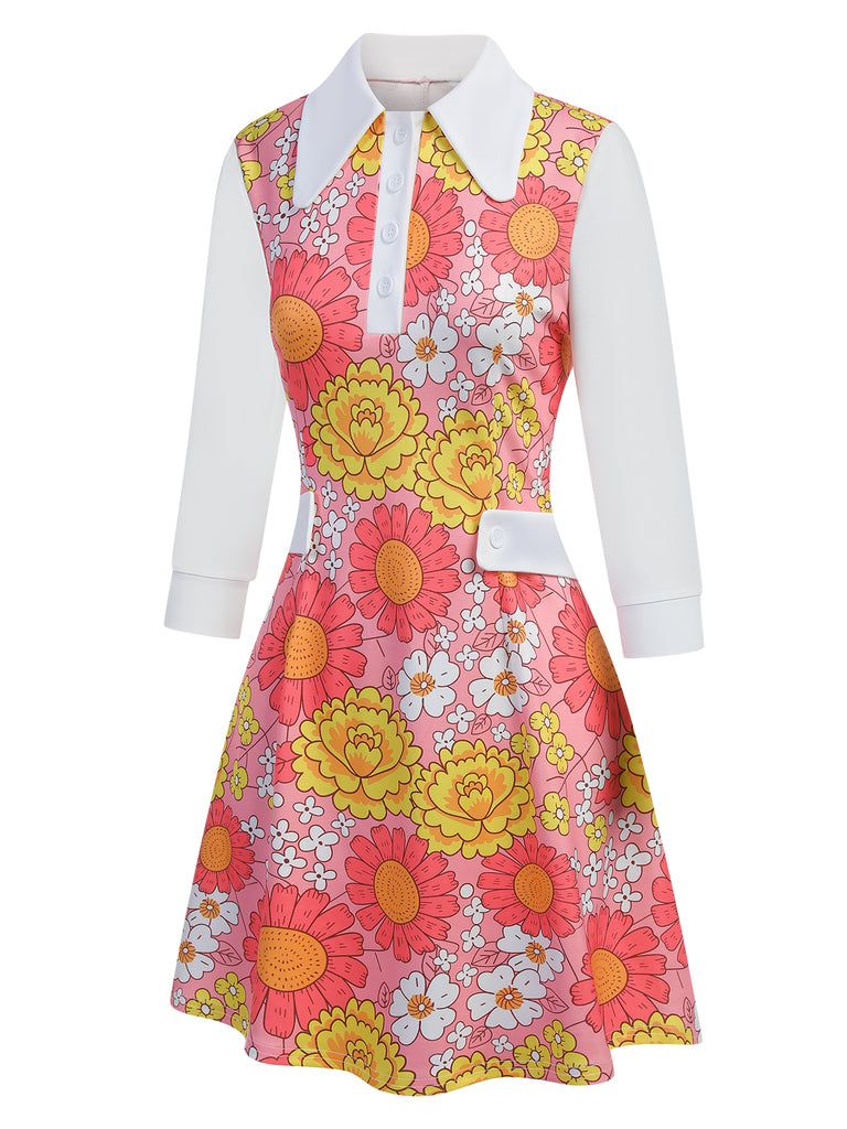 Retro Stage 1960s Lapel Flowers Patchwork Dress Orange,S Retro Stage 1960s Lapel Flowers Patchwork Dress Orange,S