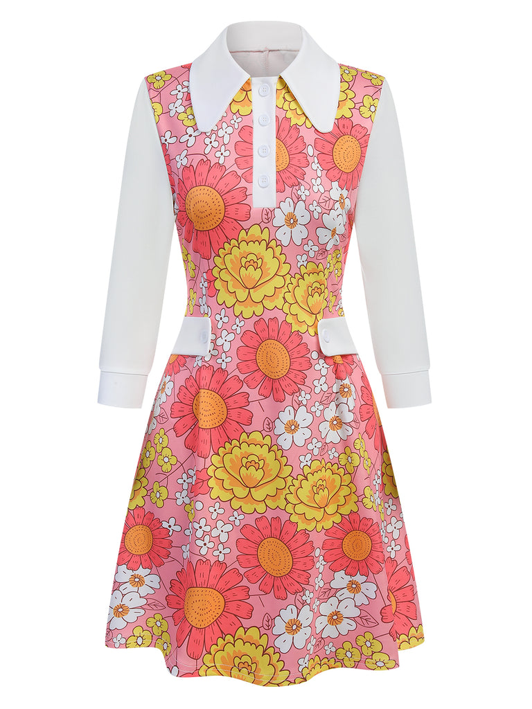 Retro Stage 1960s Lapel Flowers Patchwork Dress Orange,S Retro Stage 1960s Lapel Flowers Patchwork Dress Orange,S