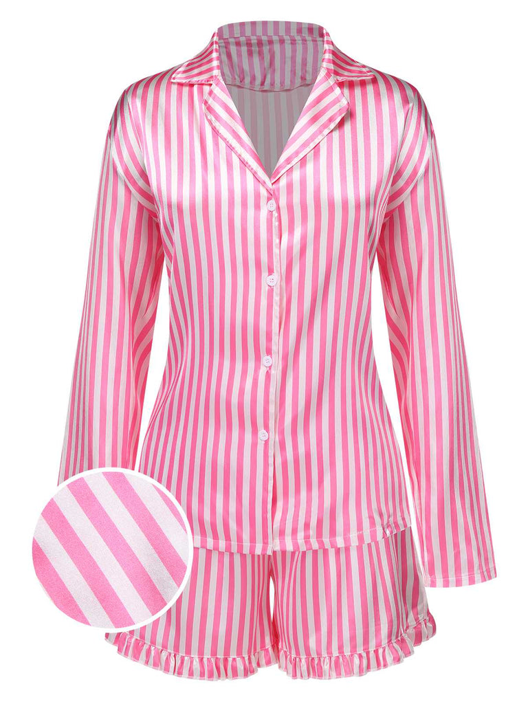 She finds her 1960s story in this 1960s Lapel Stripes Satin Pajamas Set