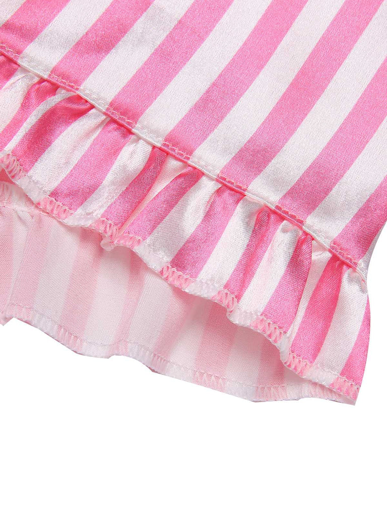 She finds her 1960s story in this 1960s Lapel Stripes Satin Pajamas Set