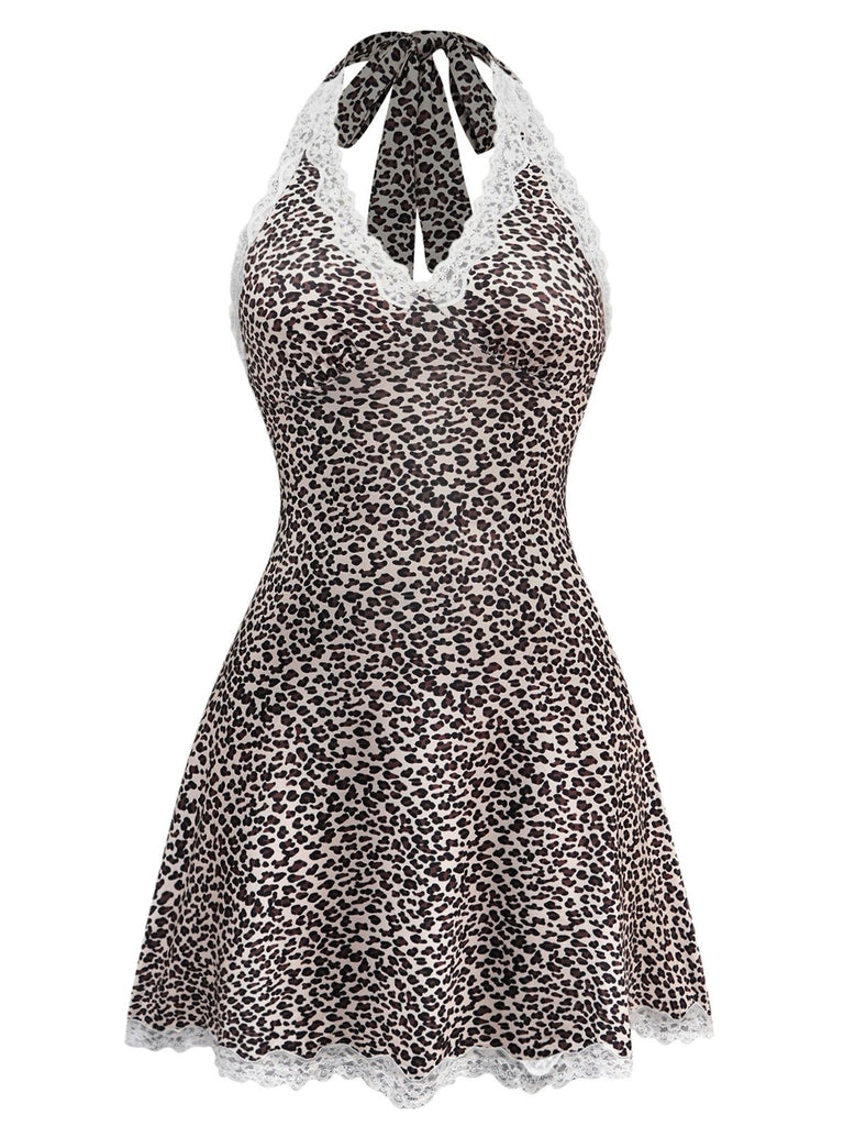 1960s Leopard Print Lace Trim Halter Nightgown - vintage nightgown, retro sleepwear