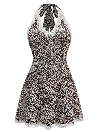 1960s Leopard Print Lace Trim Halter Nightgown - vintage nightgown, retro sleepwear