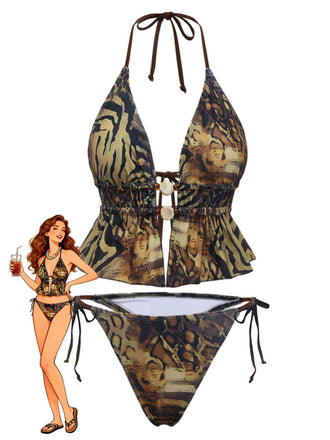 Light Brown 1960s Leopard Halter Tie-Front Ruffle Tankini Set - vintage fashion, retro style
