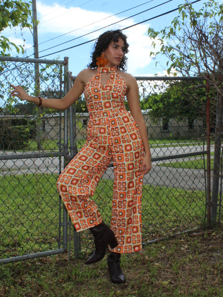 1960s Mandarin Collar Geometric Hippie Jumpsuit - vintage jumpsuit, retro fashion