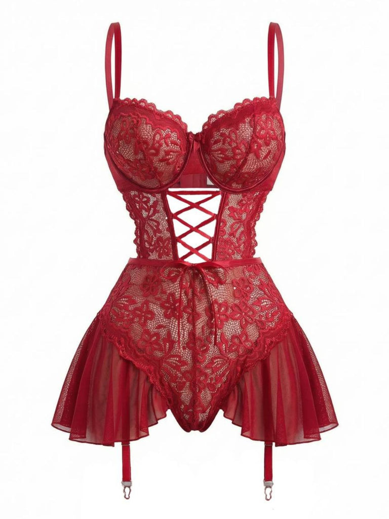 sheer garter dress Women's Lace Garter Corset Teddy Lingerie with Stockings Red
