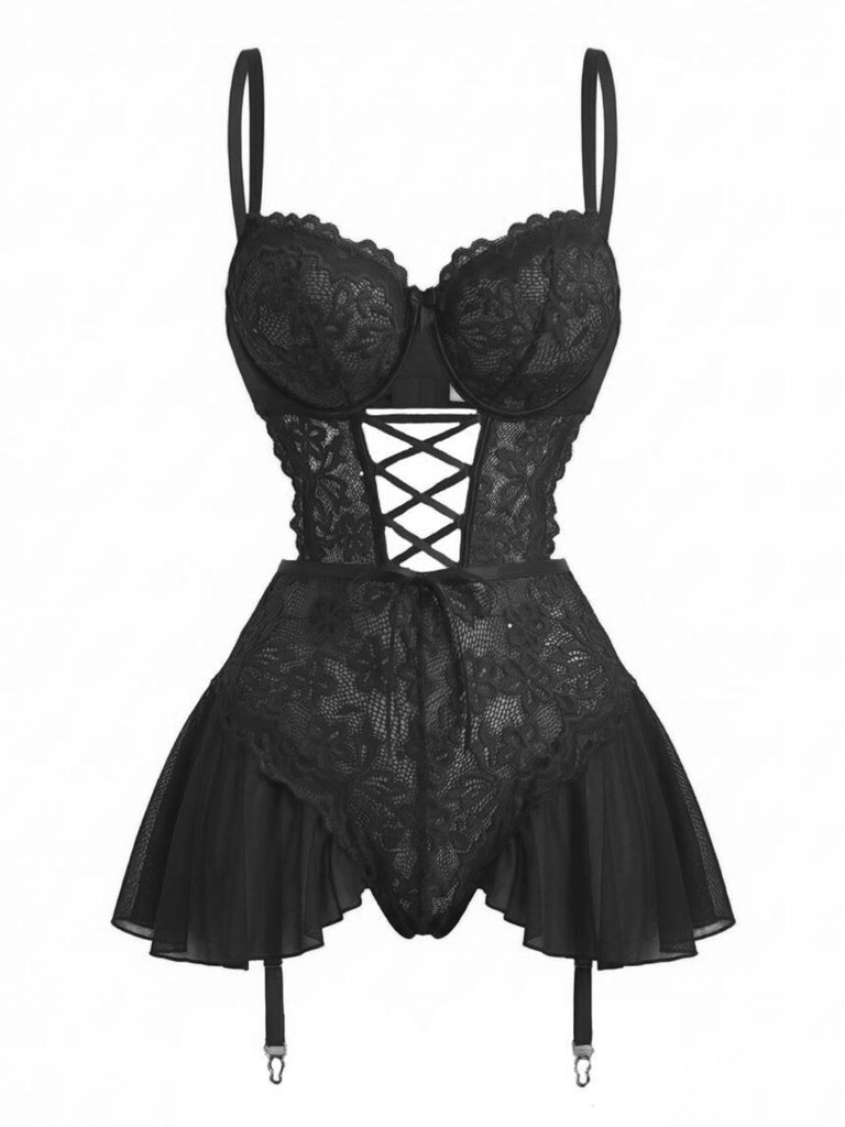 1960s Mesh Sheer Lace Nightgown With Garter Straps - vintage nightgown, retro sleepwear