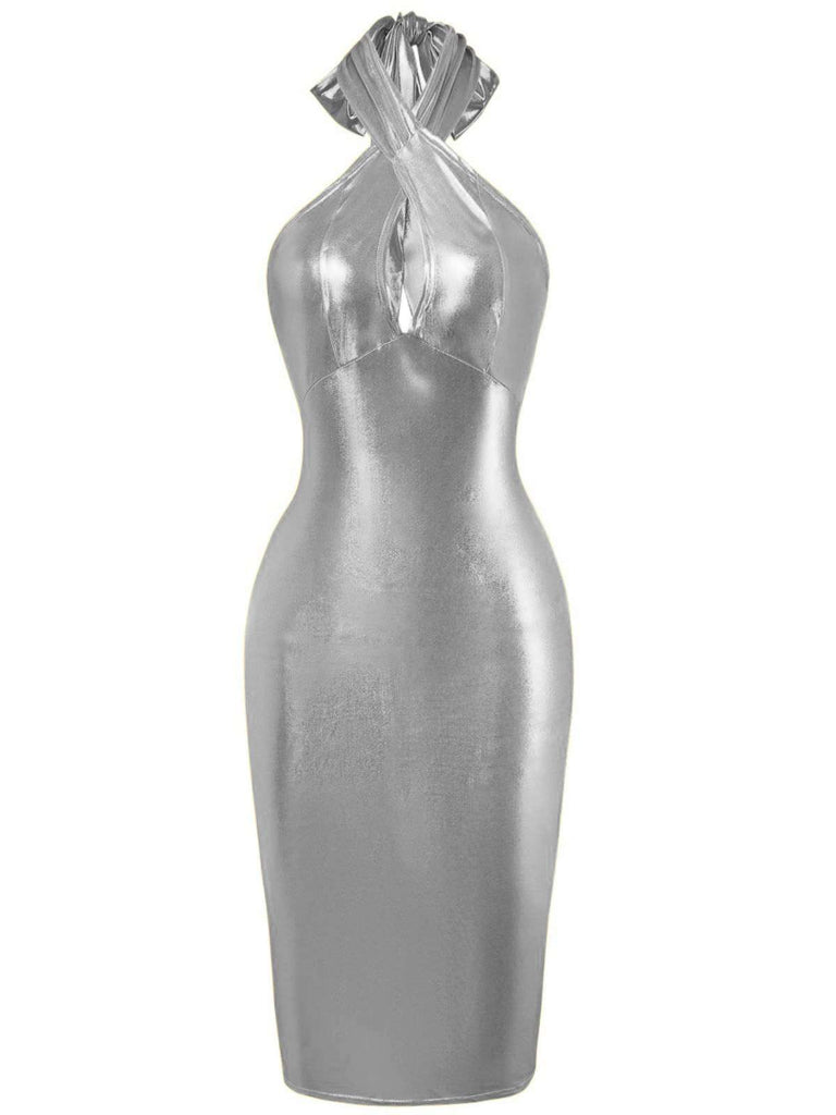 Silver Halter 60's Dress 1960s Metallic Halter Keyhole Bodycon Dress Retro Stage Silver Halter 60's Dress 1960s Metallic Halter Keyhole Bodycon Dress Retro Stage