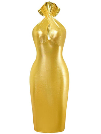 She slips into this 1960s Metallic Halter Keyhole Bodycon Dress and suddenly it's a 1960s daydream