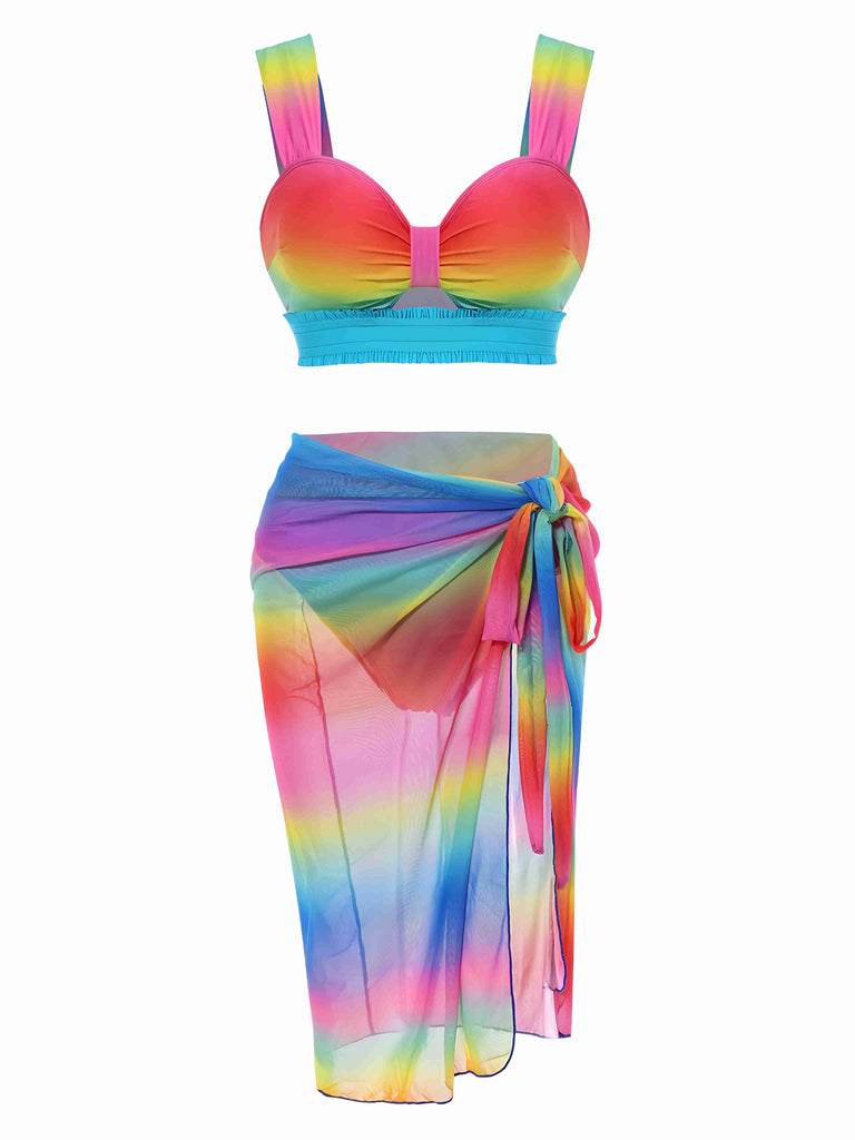 Multicolor 1960s Rainbow Gradient Ruched Bikini Set & Cover-Up - vintage fashion, retro style