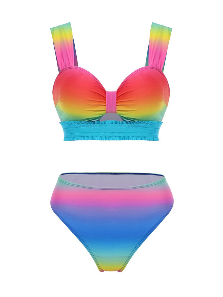 Multicolor 1960s Rainbow Gradient Ruched Bikini Set & Cover-Up - vintage fashion, retro style