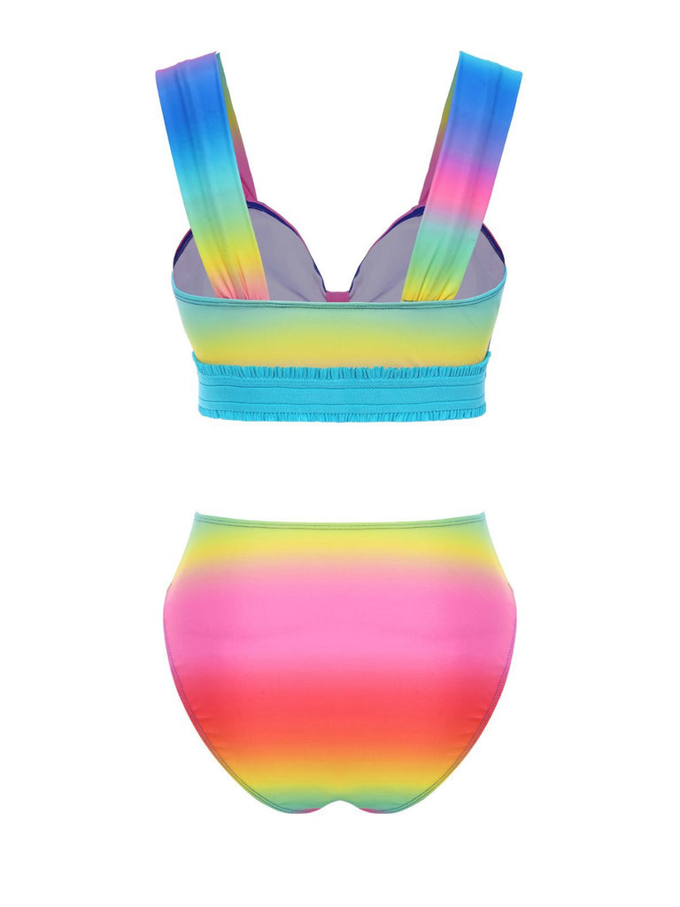Multicolor 1960s Rainbow Gradient Ruched Bikini Set & Cover-Up - vintage fashion, retro style