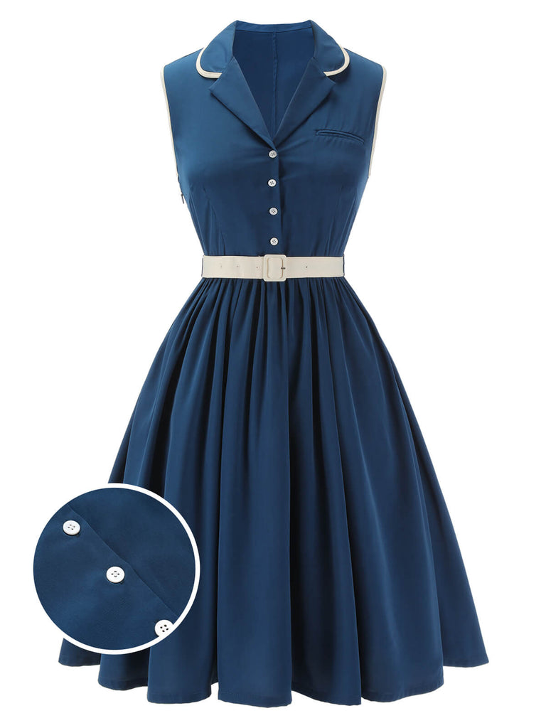 Retro Stage Navy Blue Lapel Sleeveless Belted A-line Midi Dress Retro Stage Navy Blue Lapel Sleeveless Belted A-line Midi Dress