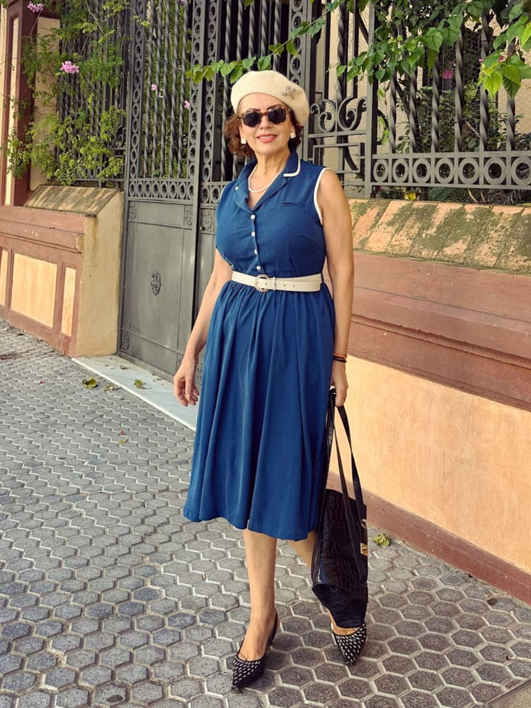 1960s Navy Blue Sleeveless Lapel Dress | Retro Stage 1960s Navy Blue Sleeveless Lapel Dress | Retro Stage