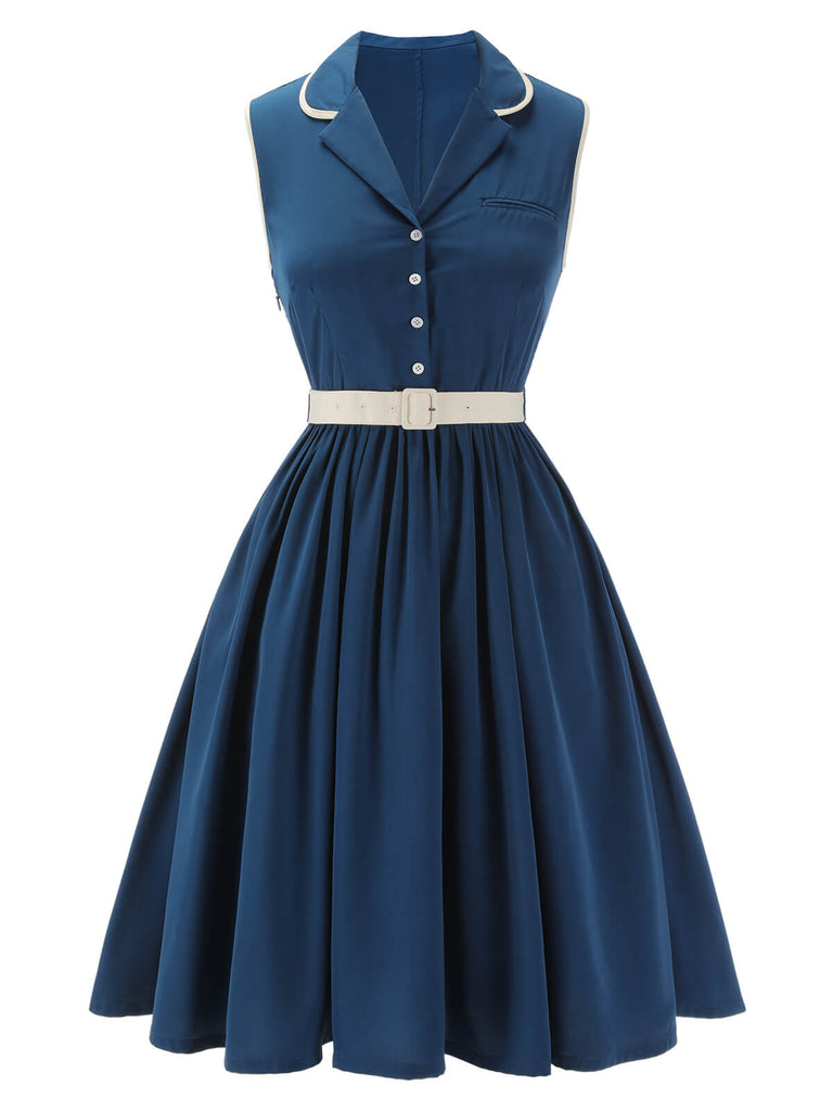 1960s Navy Blue Sleeveless Lapel Dress: beautiful vintage dress, retro fashion, elegant style with timeless appeal
