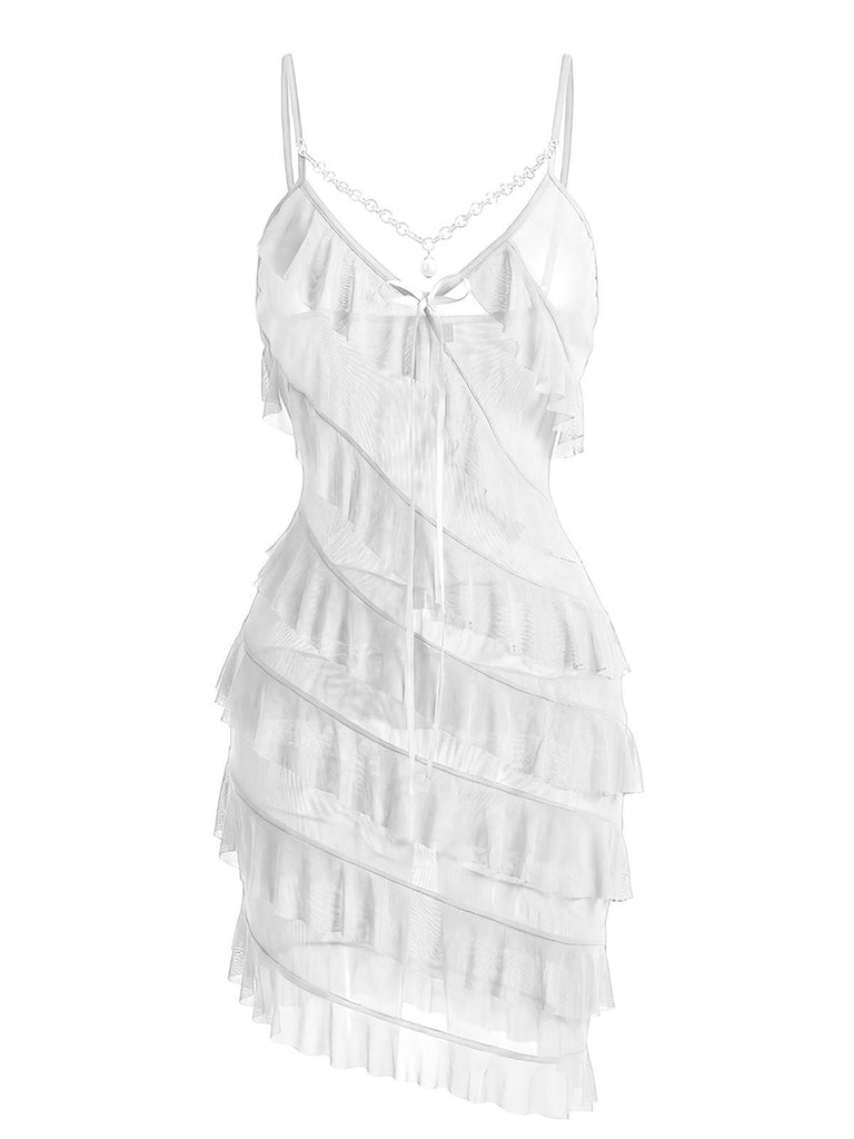 1960s Chain Pearl Ruffled Spaghetti Strap Nightgown - vintage nightgown, retro sleepwear