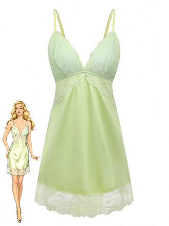 Green 1960s Lace Satin V-Neck Spaghetti Strap Nightgown - vintage nightgown, retro sleepwear