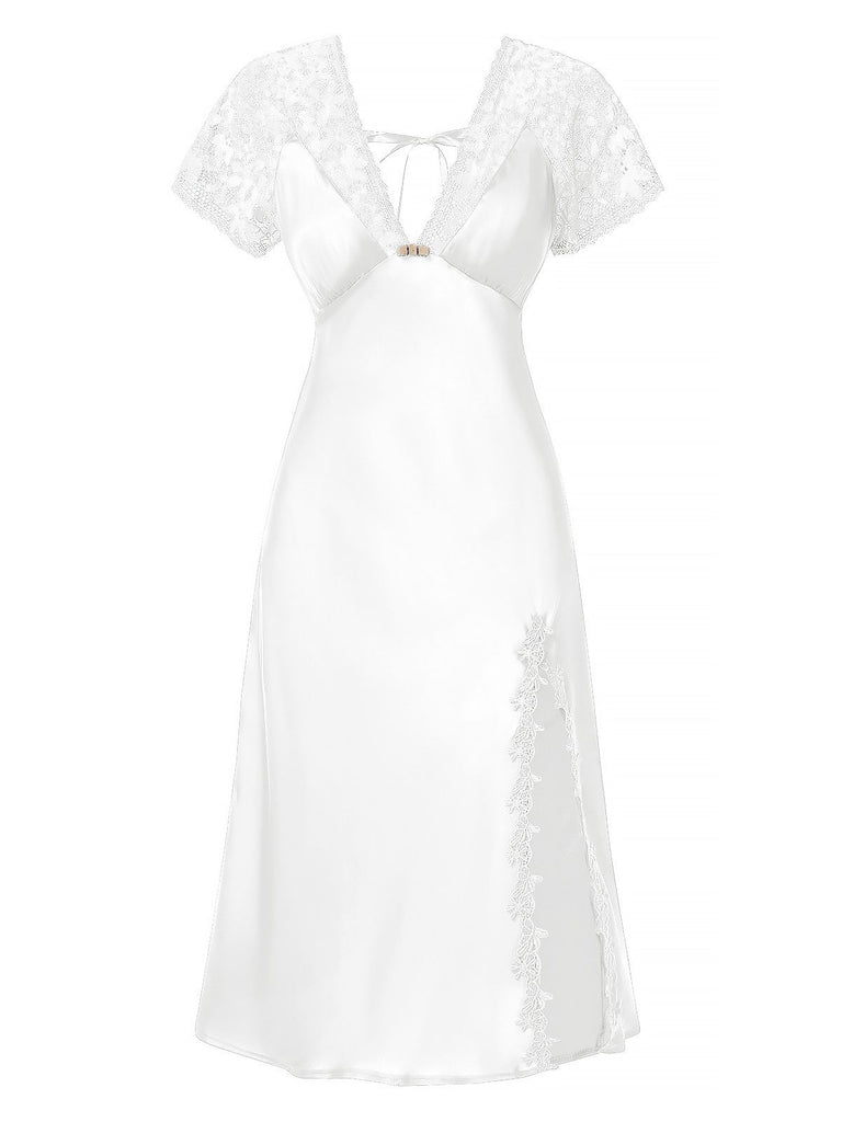 1960s Solid Lace Satin Patchwork V-neck Side-Slit Nightgown - vintage nightgown, retro sleepwear