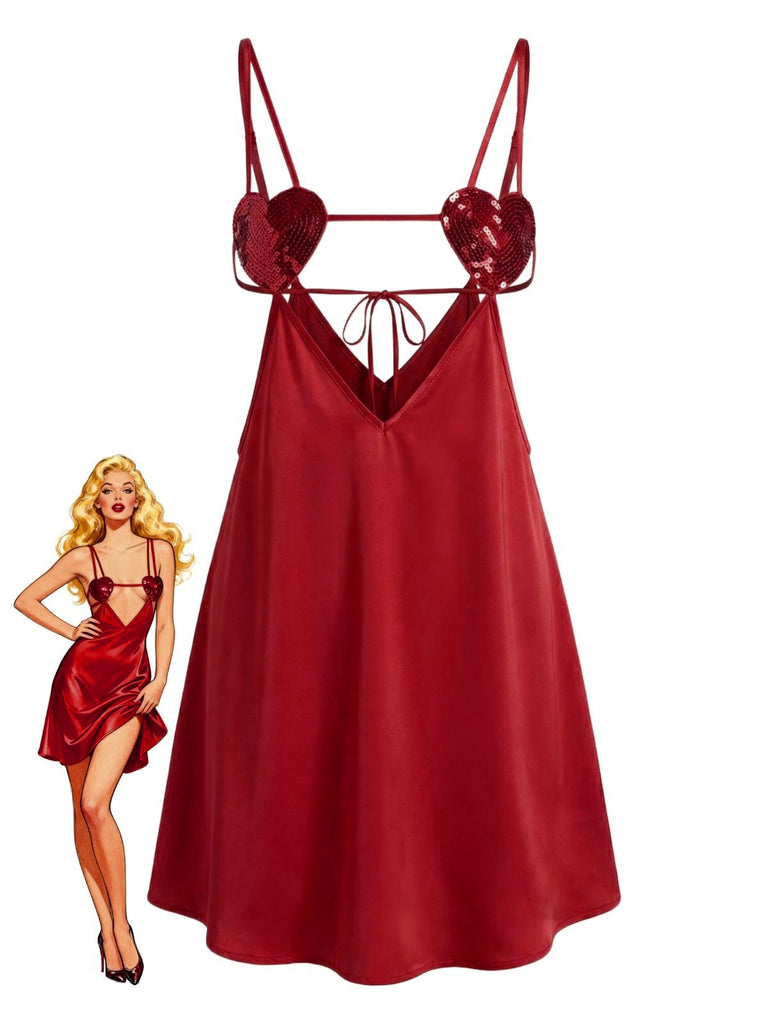 satin slip dress sleepwear 1960s Solid Satin Sequined Heart Sexy Cami Nightgown