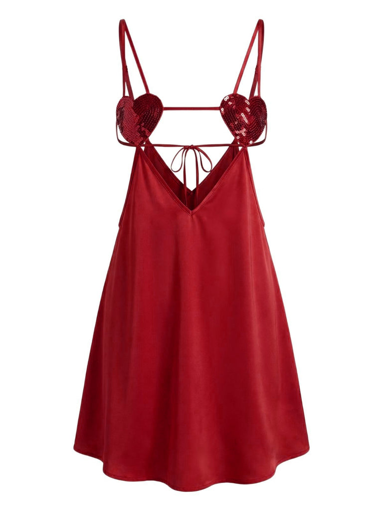 satin sleepwear dress 1960s Solid Satin Sequined Heart Sexy Cami Nightgown