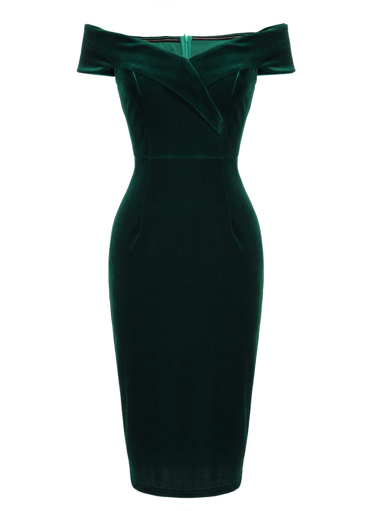 1960s Off Shoulder Velvet Bodycon Dress — a 1960s silhouette that turns sidewalks into runways