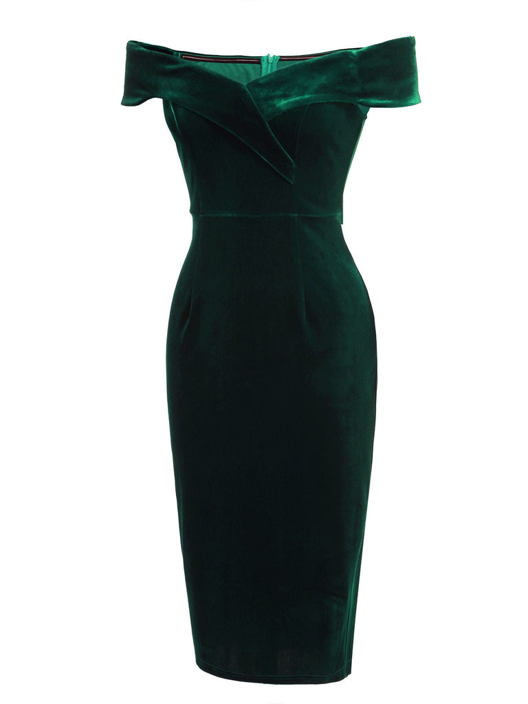 She slips into this 1960s Off Shoulder Velvet Bodycon Dress and suddenly it's a 1960s daydream