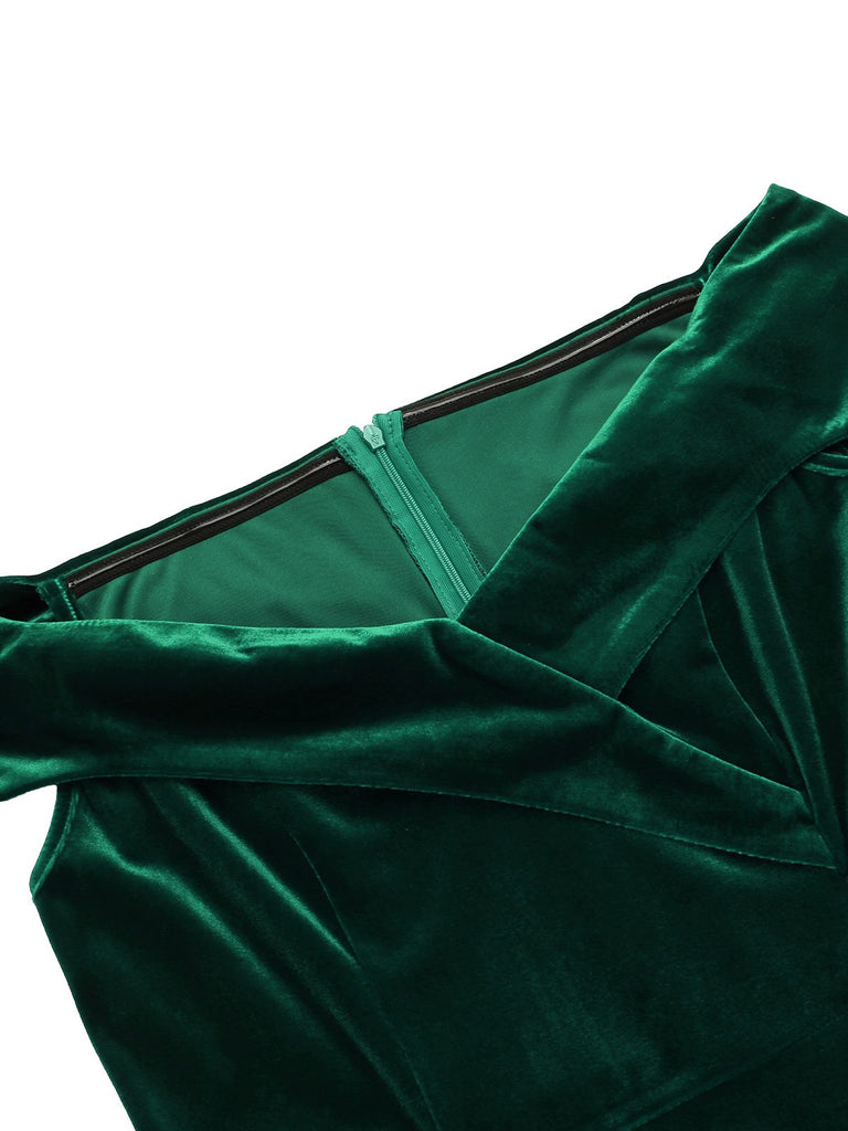 This 1960s Off Shoulder Velvet Bodycon Dress wraps her in 1960s elegance, one twirl at a time
