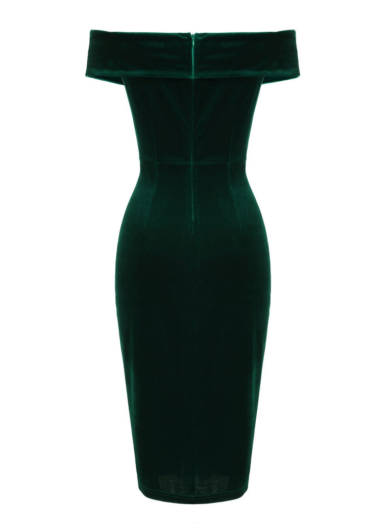 1960s Off Shoulder Velvet Bodycon Dress — a 1960s silhouette that turns sidewalks into runways