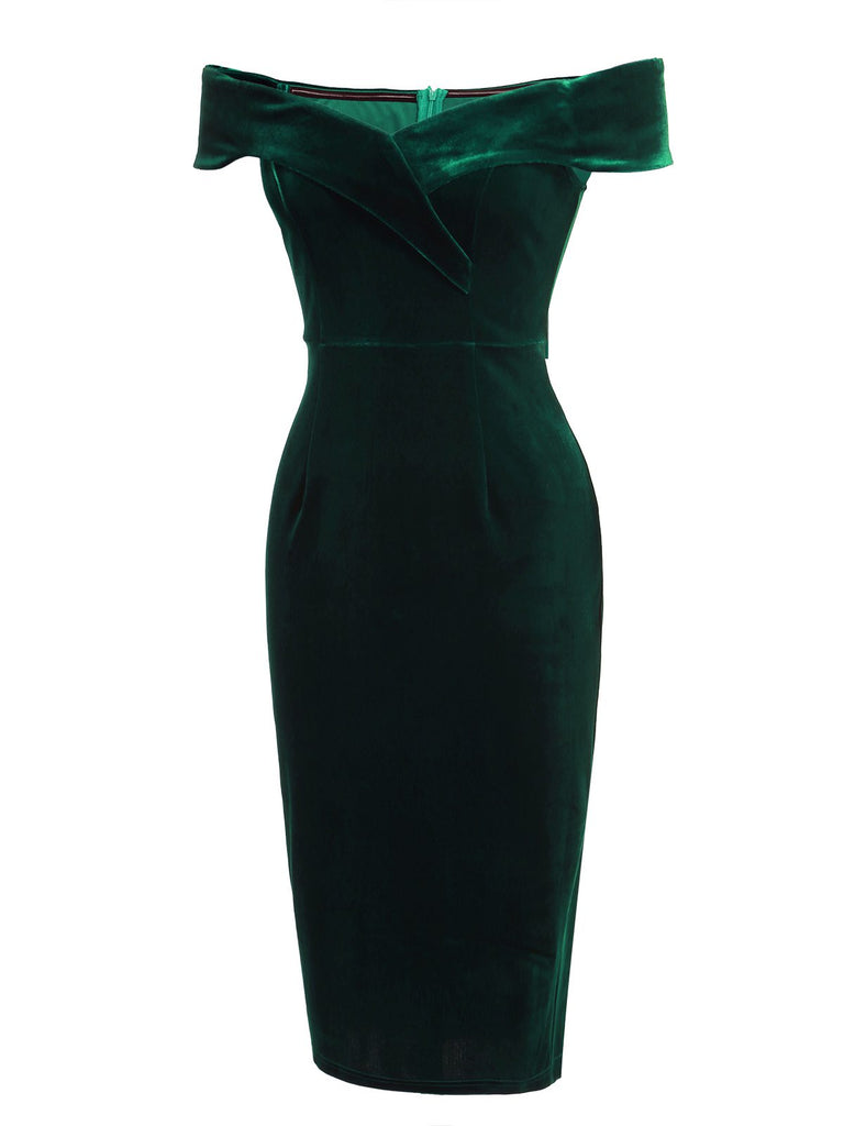 1960s Off Shoulder Velvet Bodycon Dress — the kind of 1960s dress that makes strangers smile