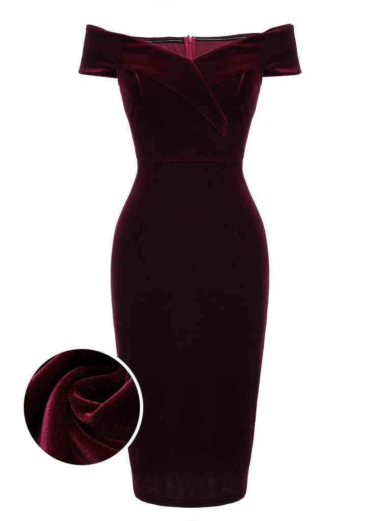 This 1960s Off Shoulder Velvet Bodycon Dress wraps her in 1960s elegance, one twirl at a time