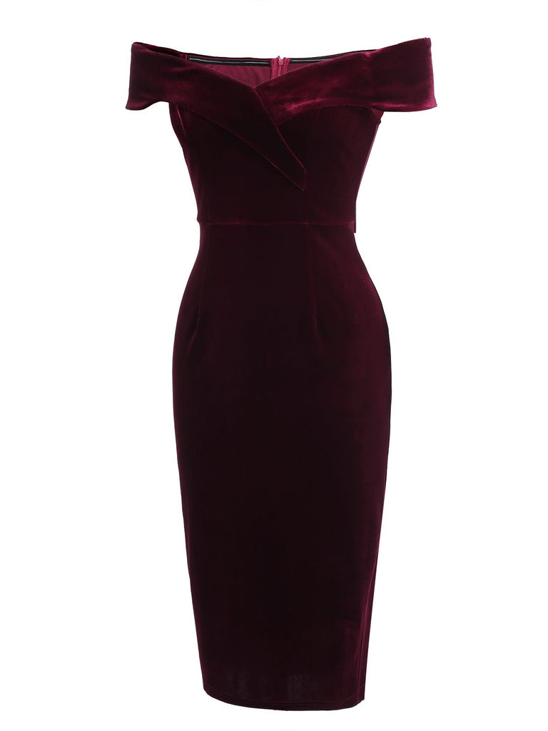 1960s Off Shoulder Velvet Bodycon Dress — a 1960s silhouette that turns sidewalks into runways