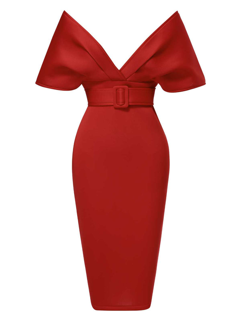 She slips into this 1960s Off-Shoulder Belted Solid Bodycon Dress and suddenly it's a 1960s daydream
