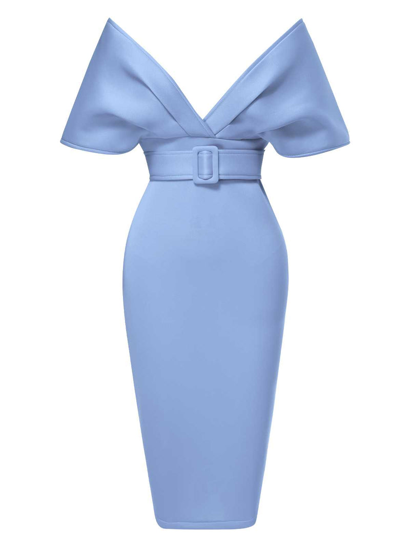 1960s Off-Shoulder Belted Solid Bodycon Dress