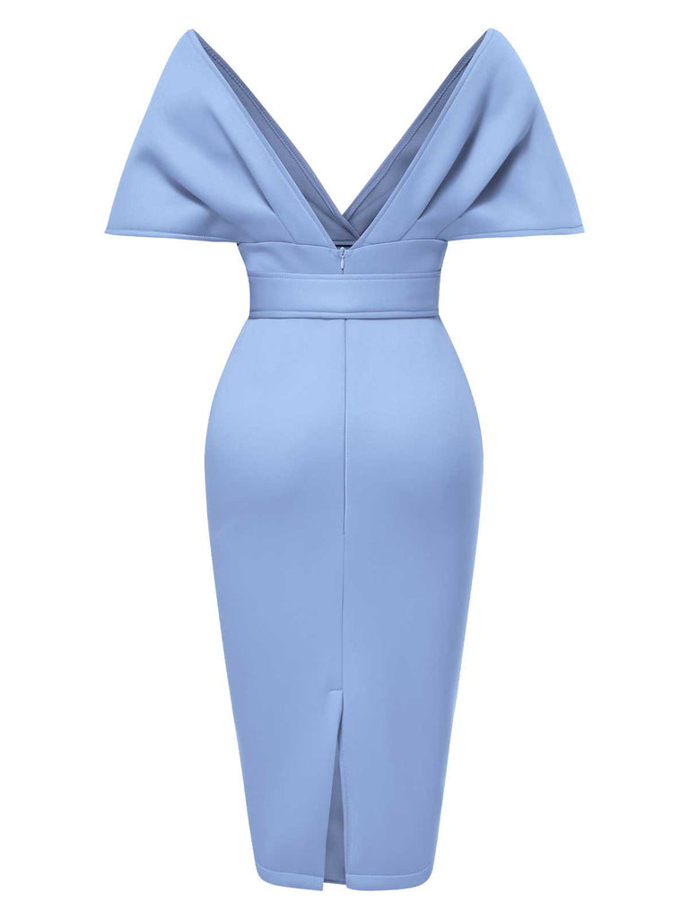 1960s Off-Shoulder Belted Solid Bodycon Dress