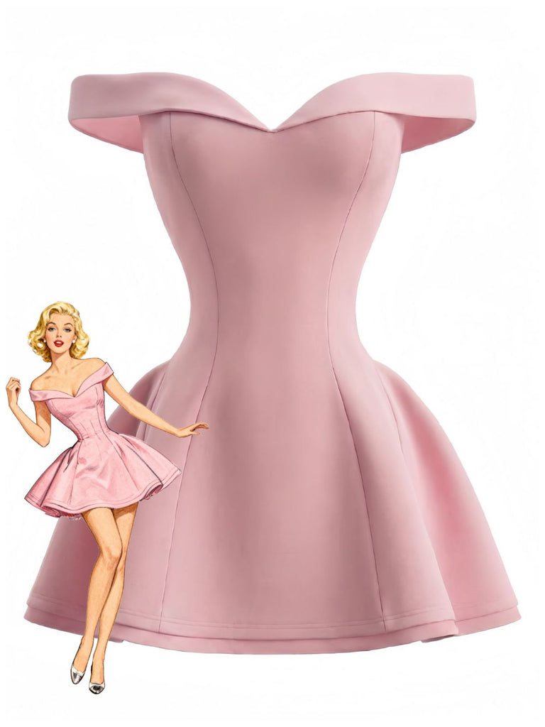 1960s Off-Shoulder Fit Solid Mini Dress - vintage dress, retro fashion