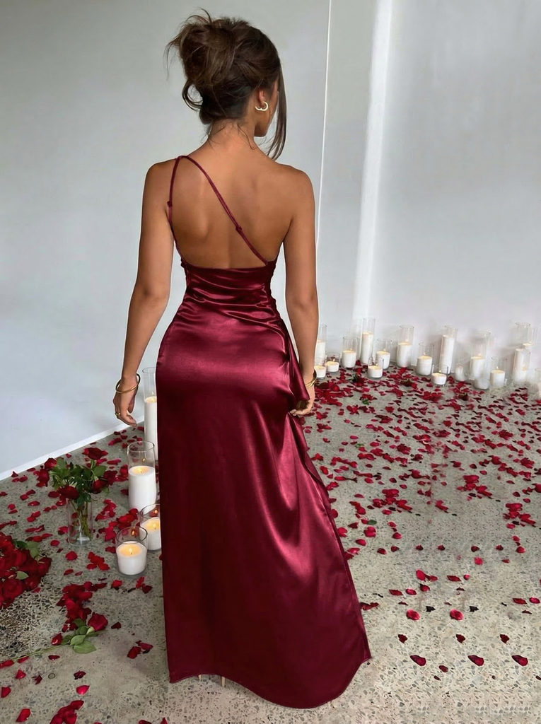 1960s One Shoulder Ruched Slit Satin Dress - vintage dress, retro fashion