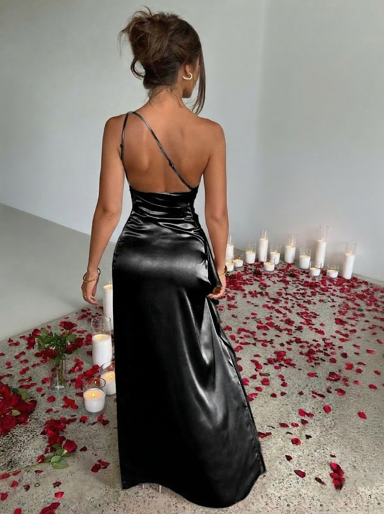 1960s One Shoulder Ruched Slit Satin Dress - vintage dress, retro fashion