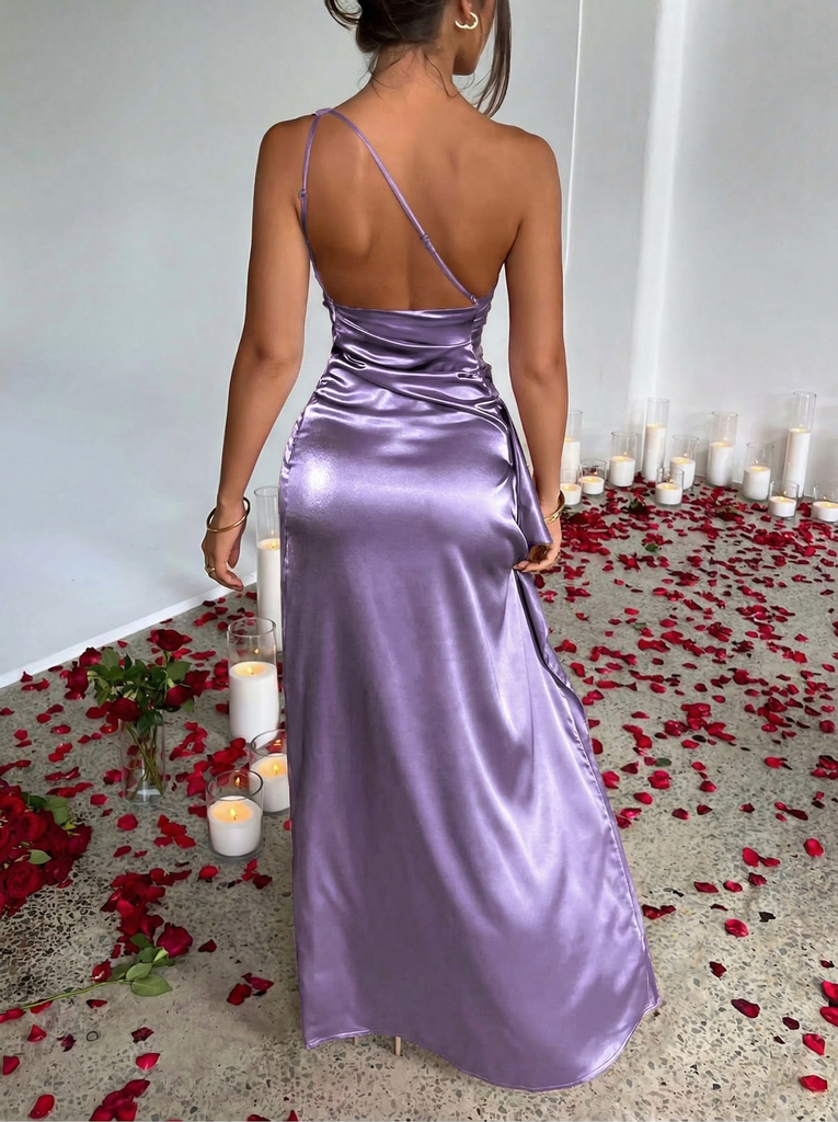 1960s One Shoulder Ruched Slit Satin Dress - vintage dress, retro fashion