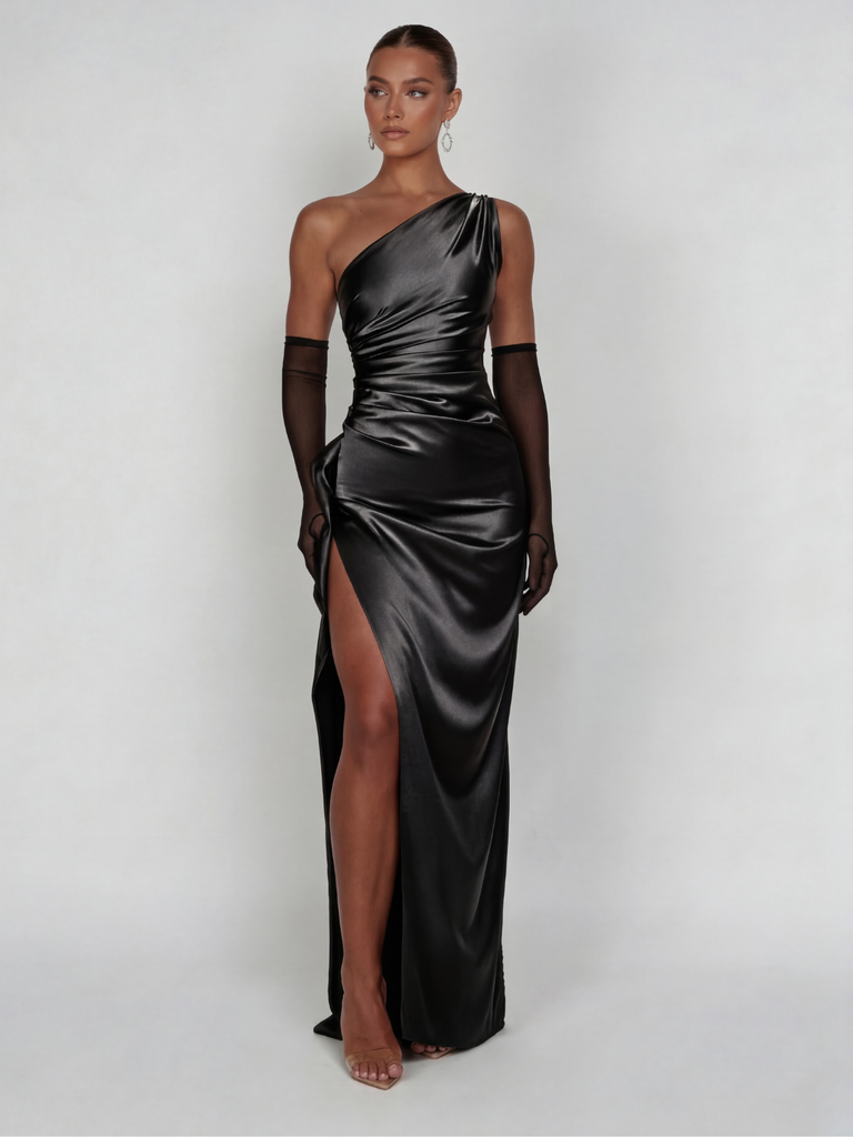 1960s One Shoulder Ruched Slit Satin Dress - vintage dress, retro fashion