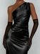 1960s One Shoulder Ruched Slit Satin Dress - vintage dress, retro fashion