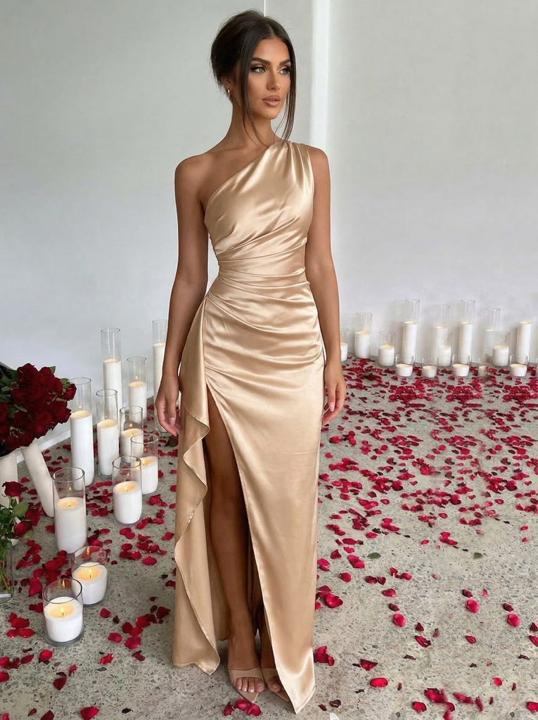 1960s One Shoulder Ruched Slit Satin Dress - vintage dress, retro fashion