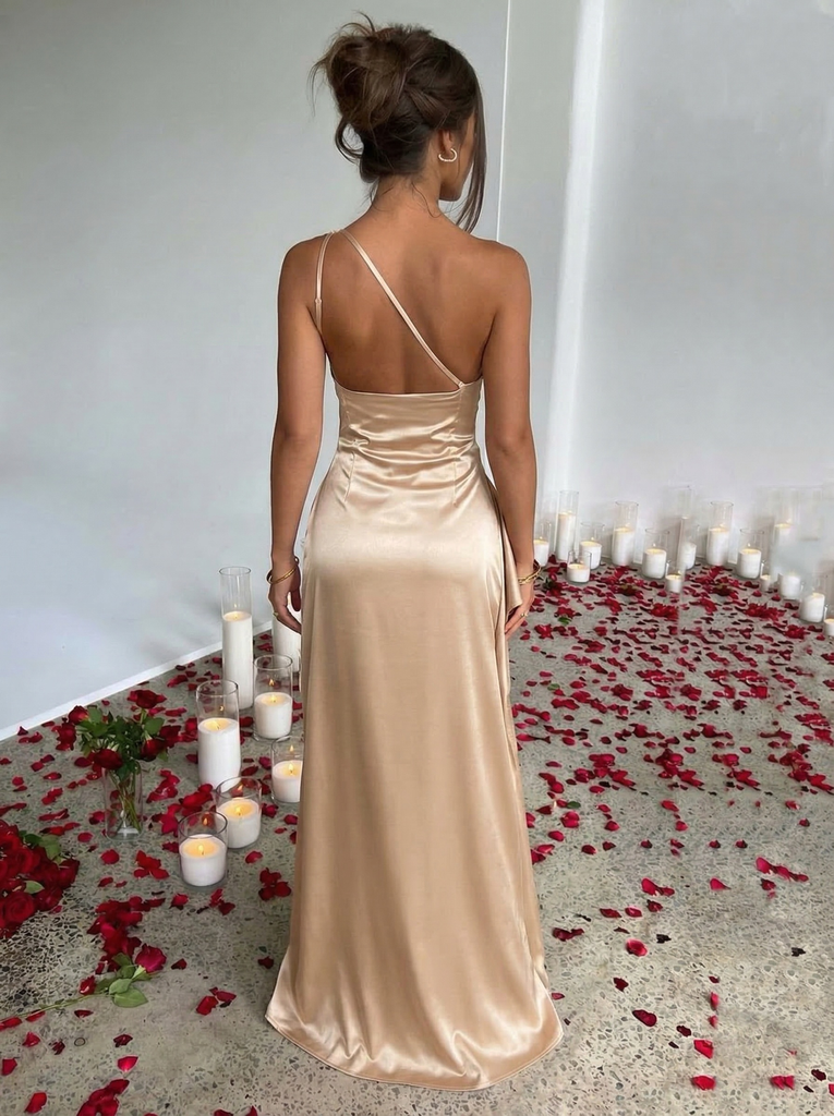 1960s One Shoulder Ruched Slit Satin Dress - vintage dress, retro fashion