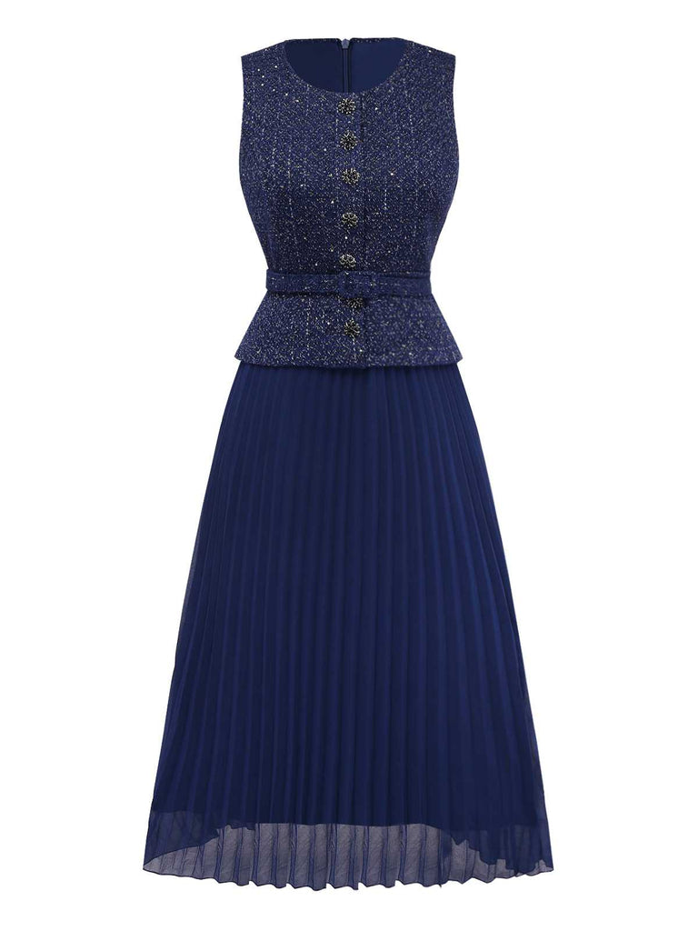 1960s Pearl Button Belted Sleeveless Pleated Dress - vintage dress, retro fashion