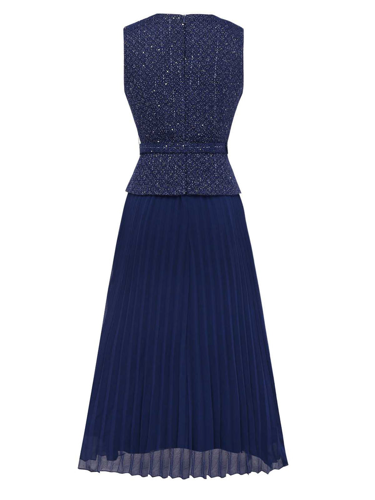 1960s Pearl Button Belted Sleeveless Pleated Dress - vintage dress, retro fashion
