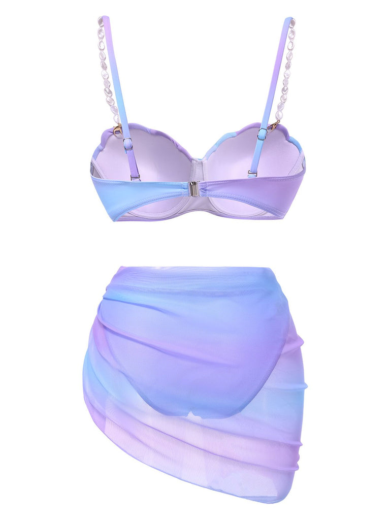 This 1960s Pearl-Strap Shell Ombre Bikini Set carries 1960s vacation dreams in every stitch