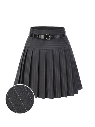 She sways in this Dark 1960s Pinstripes Belted Pleated Skirt and it's pure 1960s magic