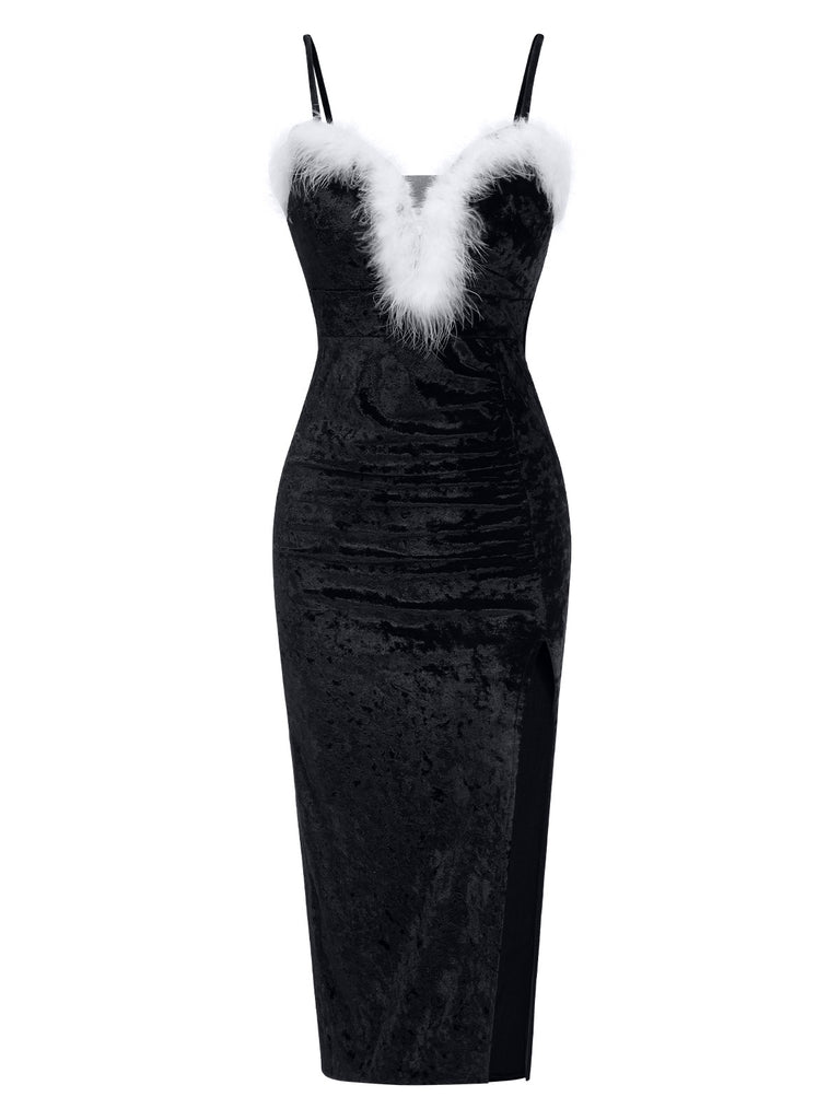 She slips into this 1960s Plush Patchwork Velvet Slit Straps Dress and suddenly it's a 1960s daydream