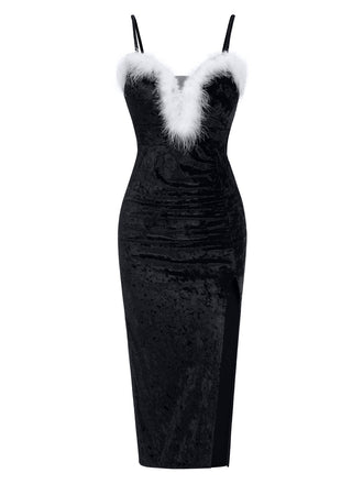She slips into this 1960s Plush Patchwork Velvet Slit Straps Dress and suddenly it's a 1960s daydream