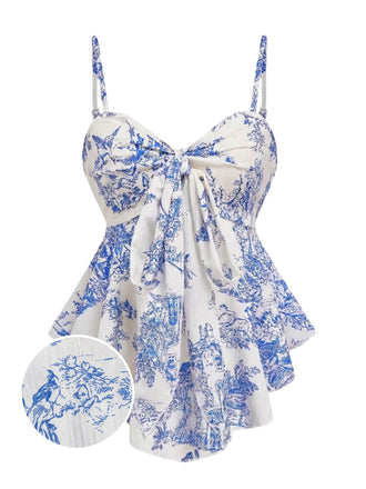 Blue 1960s Porcelain Print Spaghetti Strap Belted Top, vintage top, retro blouse - perfect for women who love vintage and retro fashion